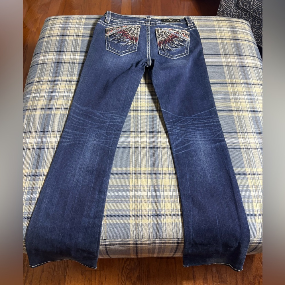 Miss Me Sz 30 Bootcut Jeans Embroidered Feathers Red White Blue Western